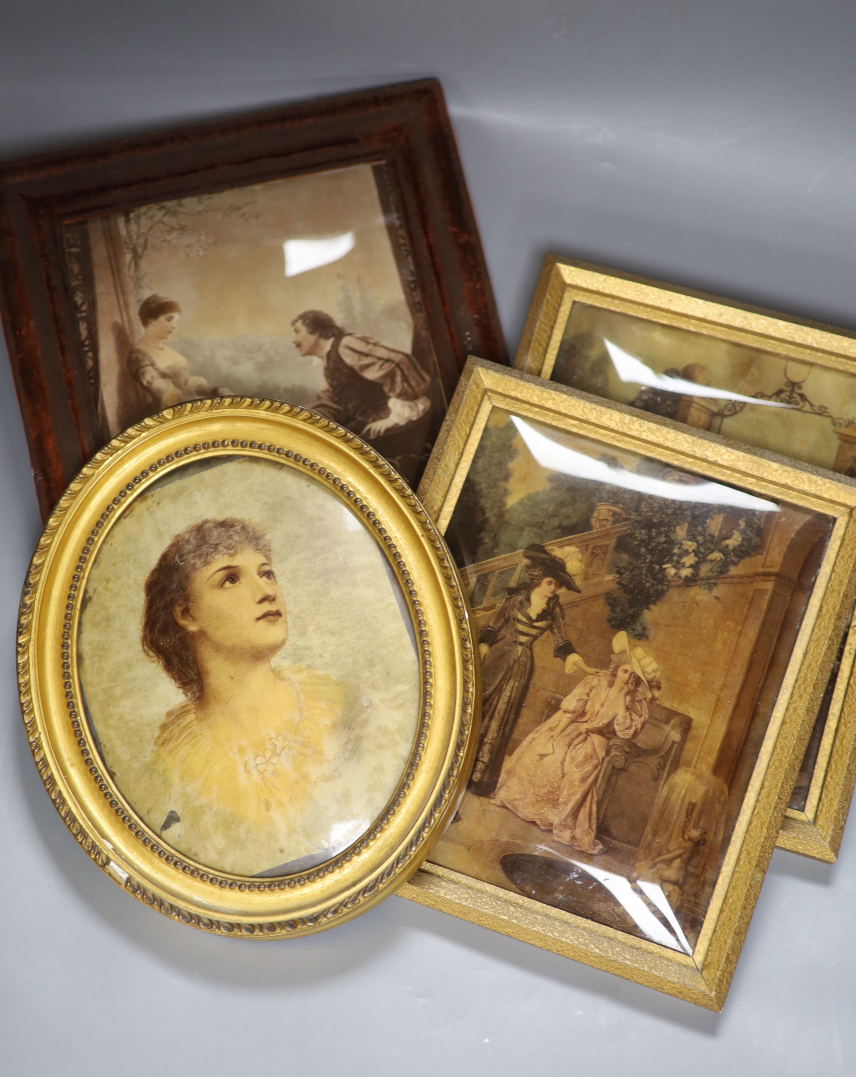 Four Edwardian coloured reverse glass prints, framed